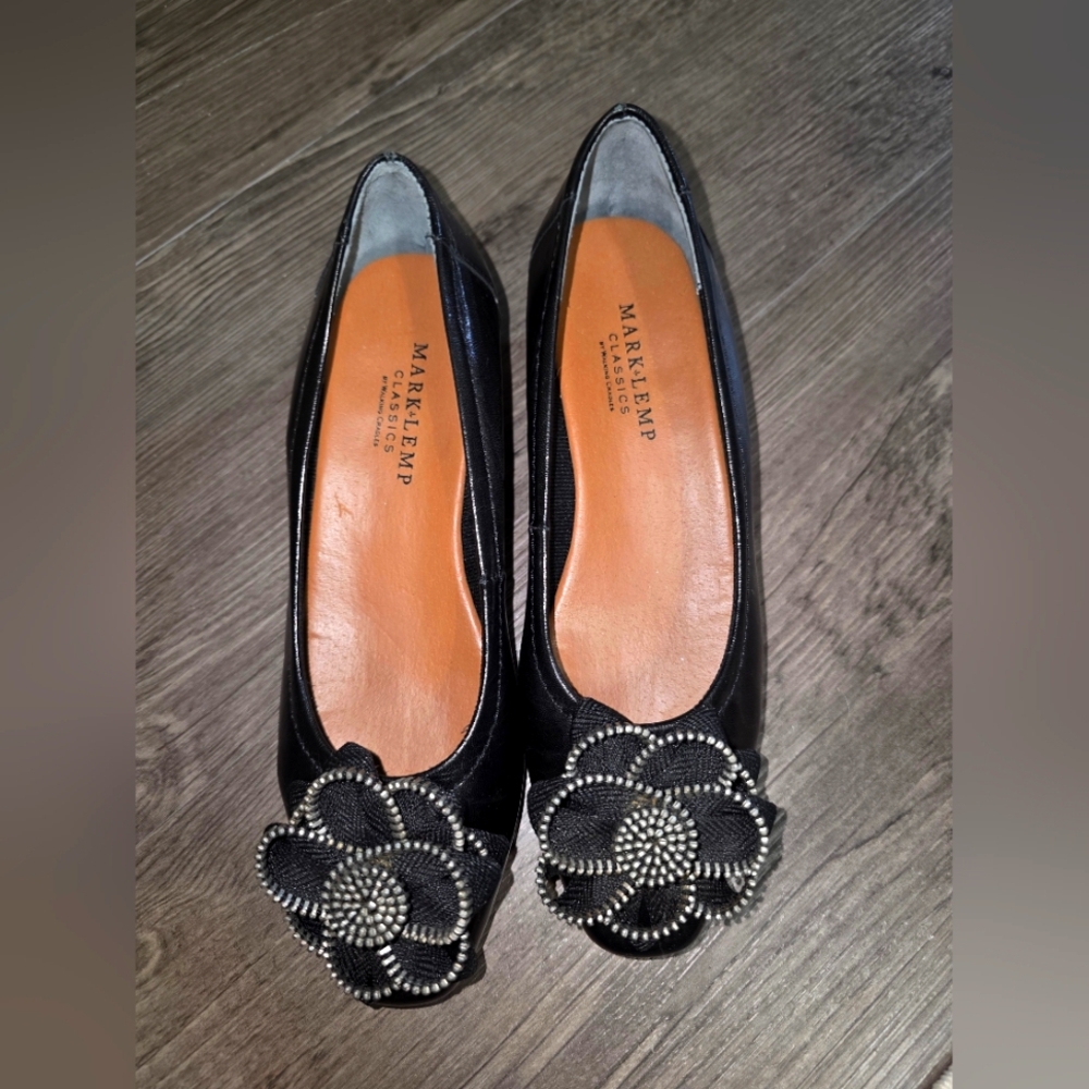 Walking Cradles Black Flats with Floral Accent.